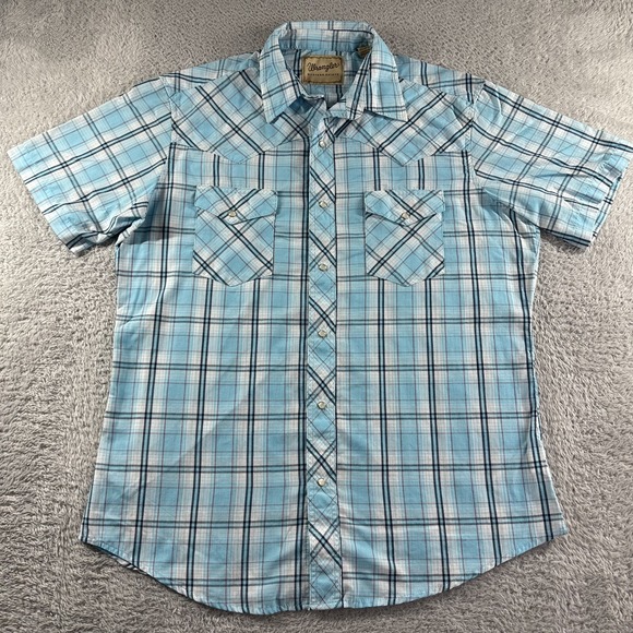 Wrangler Other - Wrangler Western Shirt Mens Large Blue Plaid Pearl Snap Button Up‎ Lightweight